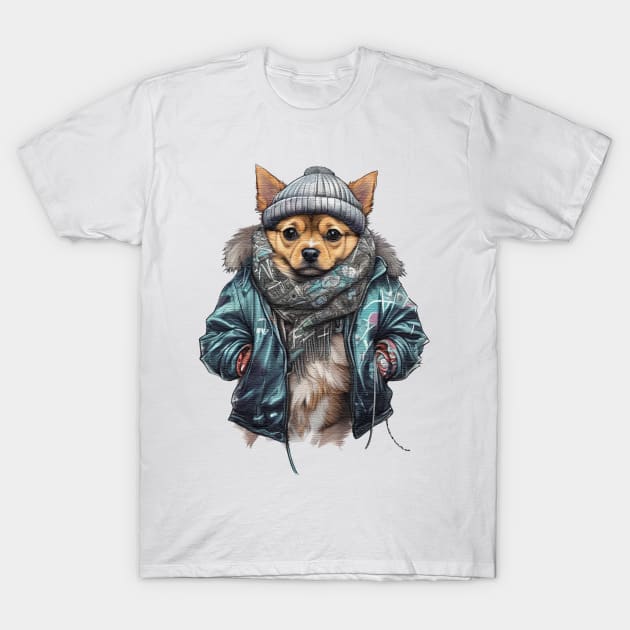 Chihuahua dog wearing a leather jacket and hat T-Shirt by JnS Merch Store